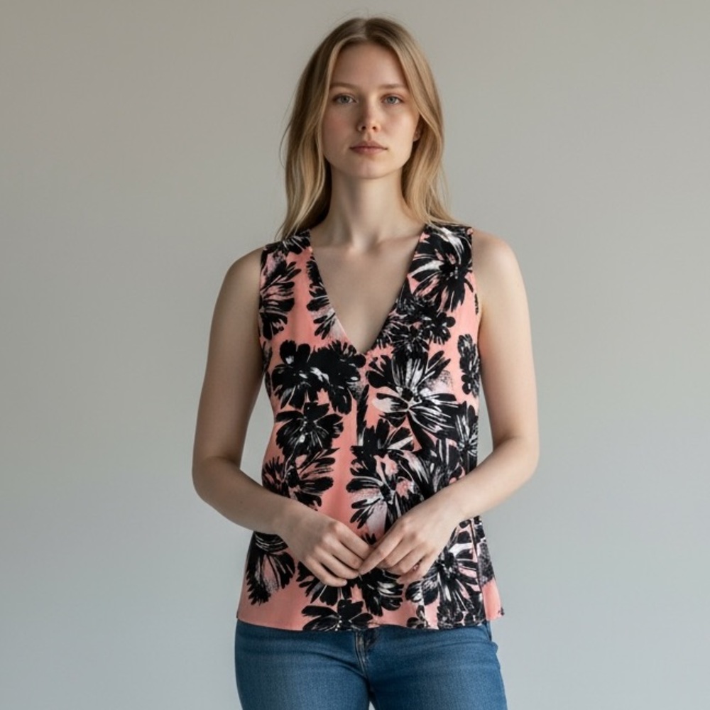 Rebecca Taylor Floral Silk Sleeveless V-Neck Top Size 4 Pink‎ Black